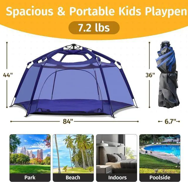 Alt view image 5 of 7 - Baby Playpen Play Yard 84"x84"x44Large Pop Up Playpen Foldable Play Tent Indoor & Outdoor Kids Tent Lightweight Safe Space Canopy for Infants Toddlers Pets, Navy
