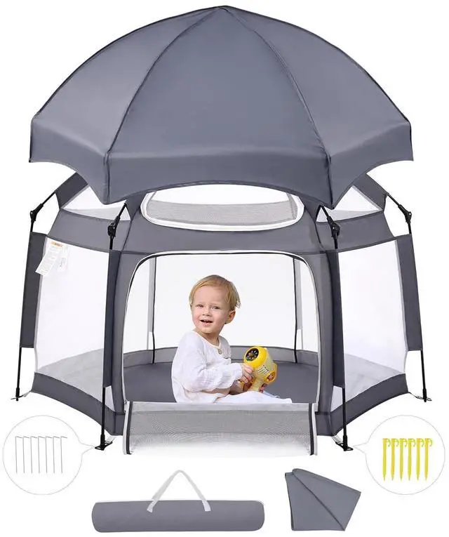 Main image of Baby Playpen with Canopy, Pop up Toddler Tent, Travel/Nap, Indoor and Outdoor, Portable&Foldable, Beach Tent, Sun Protection, Double-Door, One-Touch Storage - Grey