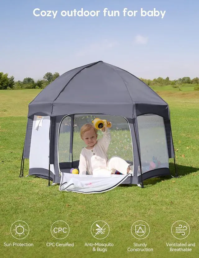Alt view image 2 of 6 - Baby Playpen with Canopy, Pop up Toddler Tent, Travel/Nap, Indoor and Outdoor, Portable&Foldable, Beach Tent, Sun Protection, Double-Door, One-Touch Storage - Grey