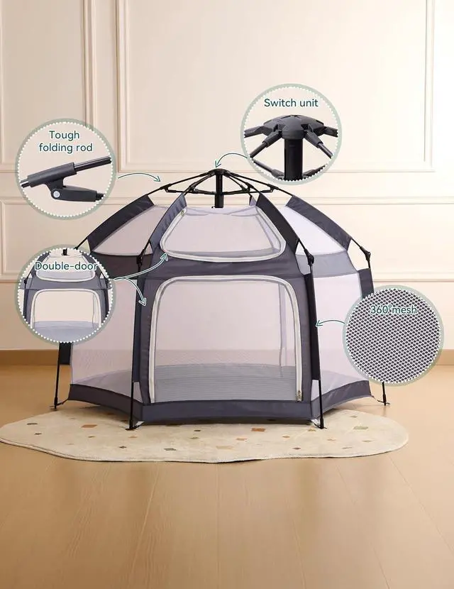 Alt view image 4 of 6 - Baby Playpen with Canopy, Pop up Toddler Tent, Travel/Nap, Indoor and Outdoor, Portable&Foldable, Beach Tent, Sun Protection, Double-Door, One-Touch Storage - Grey