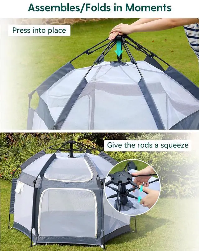 Alt view image 5 of 6 - Baby Playpen with Canopy, Pop up Toddler Tent, Travel/Nap, Indoor and Outdoor, Portable&Foldable, Beach Tent, Sun Protection, Double-Door, One-Touch Storage - Grey