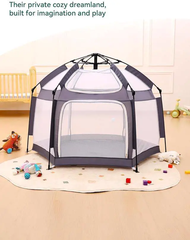 Alt view image 6 of 6 - Baby Playpen with Canopy, Pop up Toddler Tent, Travel/Nap, Indoor and Outdoor, Portable&Foldable, Beach Tent, Sun Protection, Double-Door, One-Touch Storage - Grey