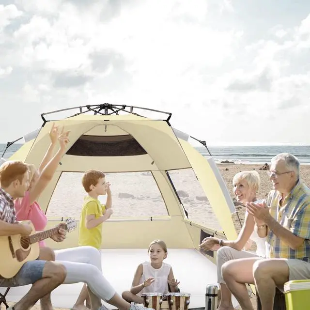 Alt view image 2 of 5 - XX-Large Pop Up Beach Tent Sun Shelter for 5-6 Person Portable Sun Shade Instant Tent for Beach with Carrying Bag, Stakes, 6 Sand Pockets, Anti UV for Fishing Hiking Camping Khaki