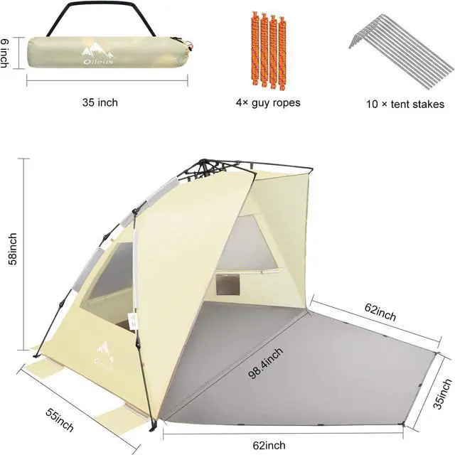 Alt view image 3 of 5 - XX-Large Pop Up Beach Tent Sun Shelter for 5-6 Person Portable Sun Shade Instant Tent for Beach with Carrying Bag, Stakes, 6 Sand Pockets, Anti UV for Fishing Hiking Camping Khaki