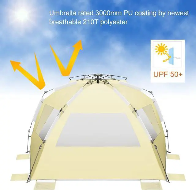 Alt view image 4 of 5 - XX-Large Pop Up Beach Tent Sun Shelter for 5-6 Person Portable Sun Shade Instant Tent for Beach with Carrying Bag, Stakes, 6 Sand Pockets, Anti UV for Fishing Hiking Camping Khaki