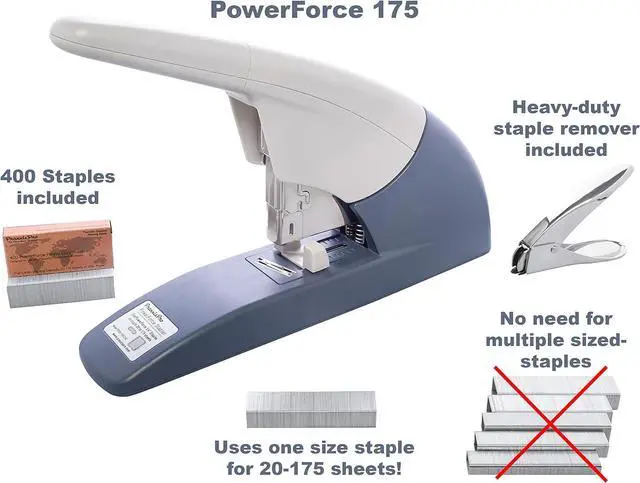 Alt view image 6 of 7 - PowerForce 175 Heavy Duty Flat Clinch Office Stapler, 20 to 175 Sheets Using one Size 3/4" Leg-Length Staple, includes 400 Staples and a Staple Remover