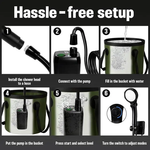 Alt view image 7 of 7 - Portable Camping Shower | 5.3/6.6 gal. Foldable Bucket, 6000mAh Rechargeable Shower Pump, 6' 7" Filtered Shower Head, Summer Beach Outdoor Showering Hiking Pet Bath RV Car Wash Water Plant