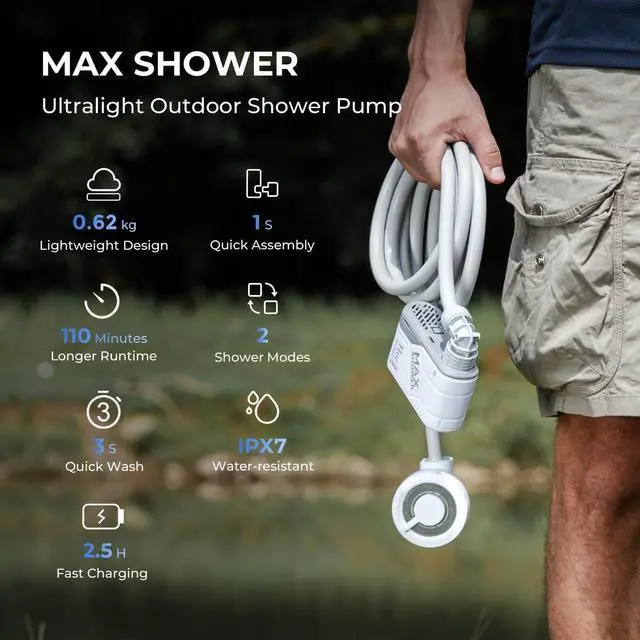 Alt view image 2 of 7 - MAX Shower Portable Shower for Camping, Rechargeable Outdoor Camping Shower, Portable Shower Pump with USB-C,Shower Pump for Hiking, Car wash, Pet Cleaning, Beach Vacations