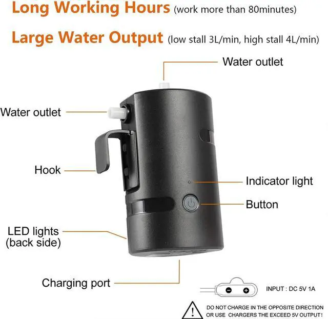 Alt view image 3 of 7 - Portable Camping Shower, Built-in 4400mAh, USB Rechargeable IPX7 Waterproof Battery Shower Pump+Collapsible Bucket for Family Camp Hiking Backpacking Travel Beach Pet Flowering, Outdoor