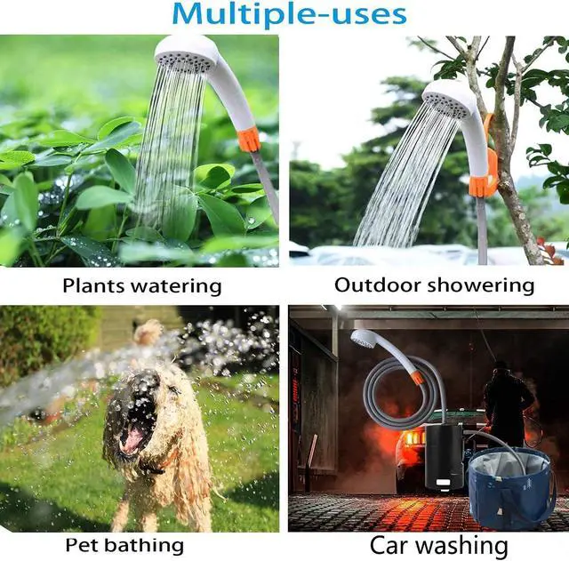 Alt view image 5 of 7 - Portable Camping Shower, Built-in 4400mAh, USB Rechargeable IPX7 Waterproof Battery Shower Pump+Collapsible Bucket for Family Camp Hiking Backpacking Travel Beach Pet Flowering, Outdoor