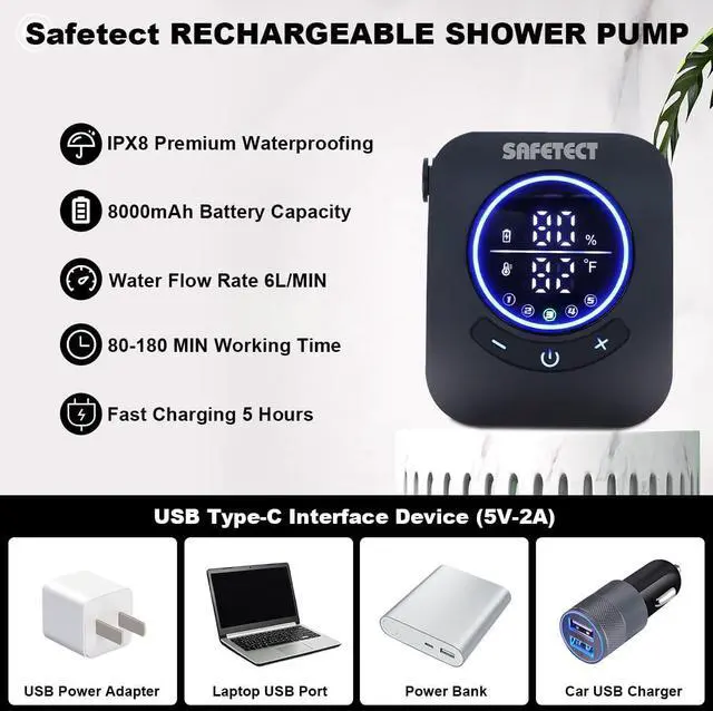 Alt view image 2 of 7 - Portable Camp Shower Pump, IPX8 Waterproof, 8000mAh Rechargeable Shower Pump, 5 Speed Mode & 4 Water Mode Camping Shower with 20 L Foldable Bucket, Shower for Hiking,Travel, Pet Bath, Car Wash