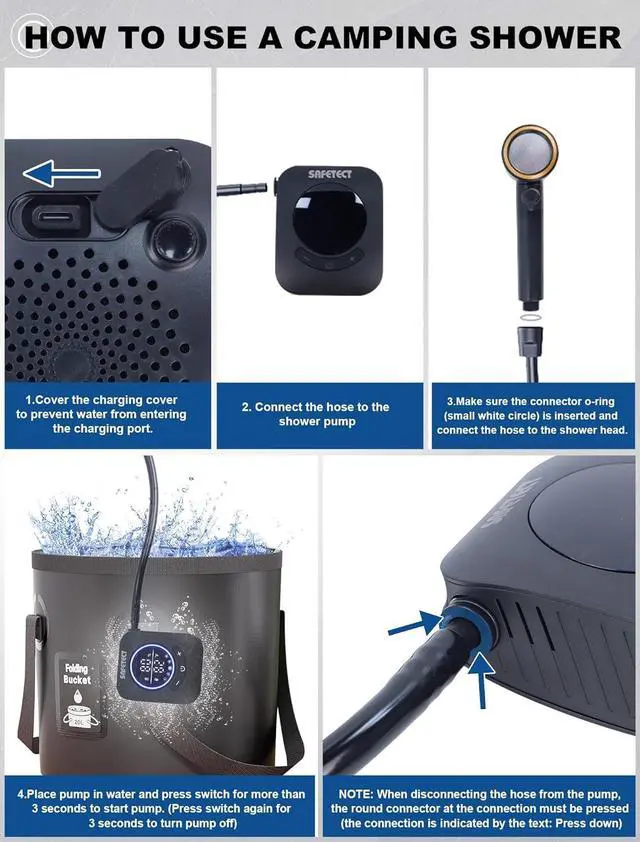 Alt view image 7 of 7 - Portable Camp Shower Pump, IPX8 Waterproof, 8000mAh Rechargeable Shower Pump, 5 Speed Mode & 4 Water Mode Camping Shower with 20 L Foldable Bucket, Shower for Hiking,Travel, Pet Bath, Car Wash