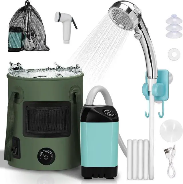Main image of Portable Camping Shower, Pop Up Shower Privacy Tent Kit with LED Lights, 4500mAh Rechargeable Shower Pump, Filtered Shower Head & 7.4 Gallons Foldable Bucket, Outdoor Shower for Hiking Beach, Travel