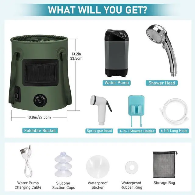 Alt view image 2 of 7 - Portable Camping Shower, Pop Up Shower Privacy Tent Kit with LED Lights, 4500mAh Rechargeable Shower Pump, Filtered Shower Head & 7.4 Gallons Foldable Bucket, Outdoor Shower for Hiking Beach, Travel