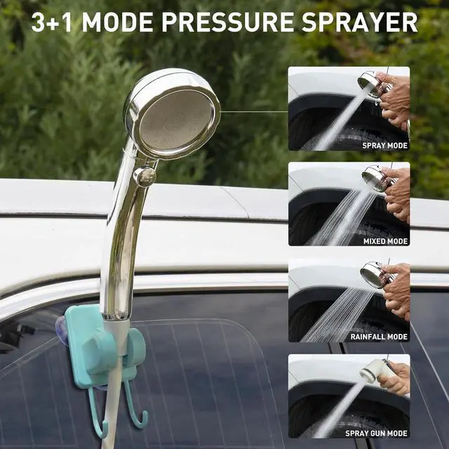 Alt view image 5 of 7 - Portable Camping Shower, Pop Up Shower Privacy Tent Kit with LED Lights, 4500mAh Rechargeable Shower Pump, Filtered Shower Head & 7.4 Gallons Foldable Bucket, Outdoor Shower for Hiking Beach, Travel