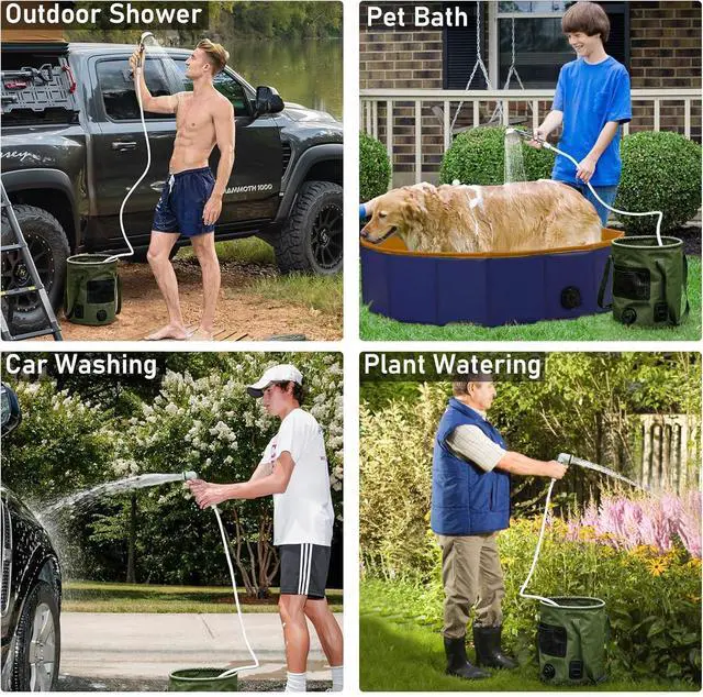Alt view image 6 of 7 - Portable Camping Shower, Pop Up Shower Privacy Tent Kit with LED Lights, 4500mAh Rechargeable Shower Pump, Filtered Shower Head & 7.4 Gallons Foldable Bucket, Outdoor Shower for Hiking Beach, Travel
