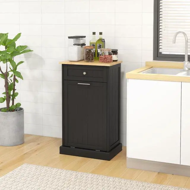 Alt view image 2 of 7 - Kitchen Tilt Out Trash Bin Cabinet Free Standing Recycling Cabinet Trash Can Holder with Drawer, Black