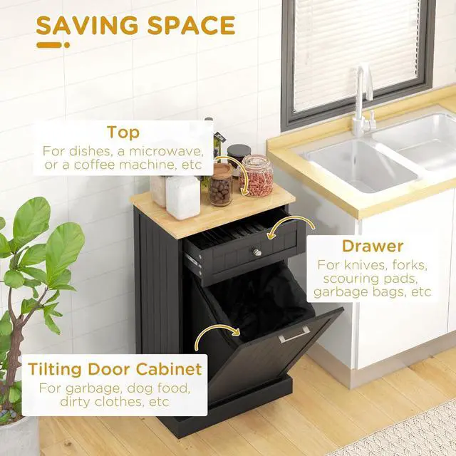 Alt view image 5 of 7 - Kitchen Tilt Out Trash Bin Cabinet Free Standing Recycling Cabinet Trash Can Holder with Drawer, Black