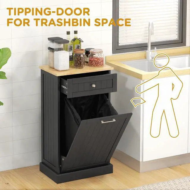 Alt view image 4 of 7 - Kitchen Tilt Out Trash Bin Cabinet Free Standing Recycling Cabinet Trash Can Holder with Drawer, Black