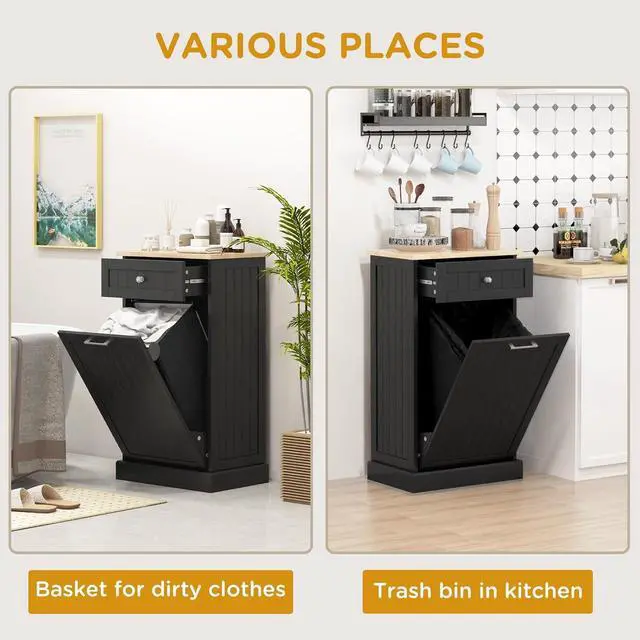 Alt view image 6 of 7 - Kitchen Tilt Out Trash Bin Cabinet Free Standing Recycling Cabinet Trash Can Holder with Drawer, Black