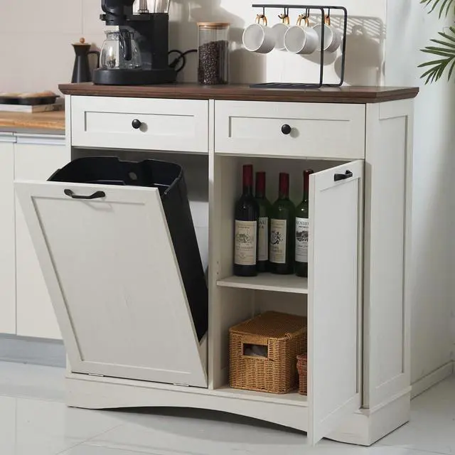 Main image of 13 Gallons Tilt Out Trash Can Cabinet Freestanding Kitchen Trash Can Hidden Garbage Recycling Cabinet with Hideaway Drawers Pet Proof Trash Can Holder for Kitchen Living Room, Antique White
