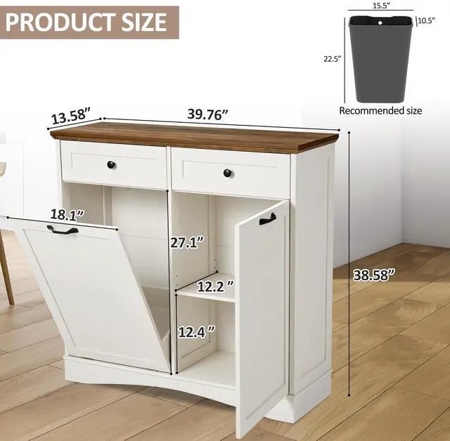 Alt view image 2 of 6 - 13 Gallons Tilt Out Trash Can Cabinet Freestanding Kitchen Trash Can Hidden Garbage Recycling Cabinet with Hideaway Drawers Pet Proof Trash Can Holder for Kitchen Living Room, Antique White