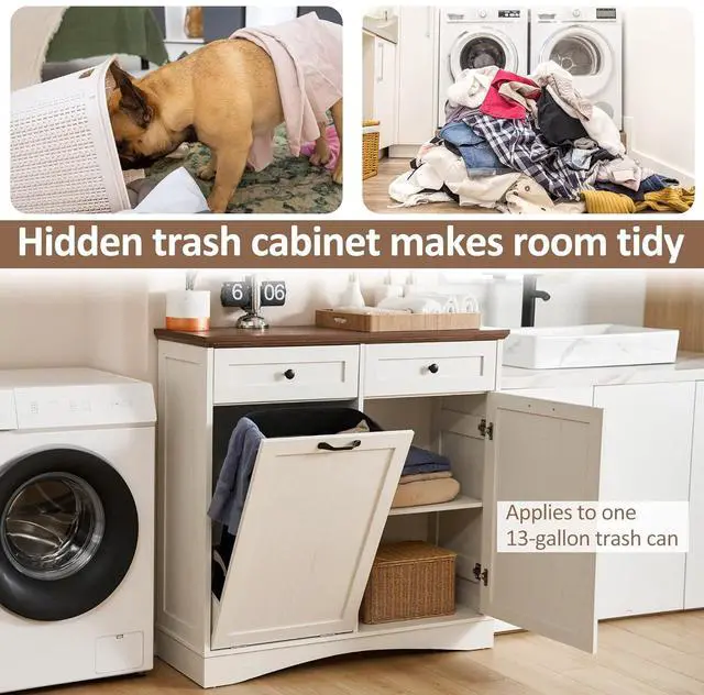 Alt view image 4 of 6 - 13 Gallons Tilt Out Trash Can Cabinet Freestanding Kitchen Trash Can Hidden Garbage Recycling Cabinet with Hideaway Drawers Pet Proof Trash Can Holder for Kitchen Living Room, Antique White