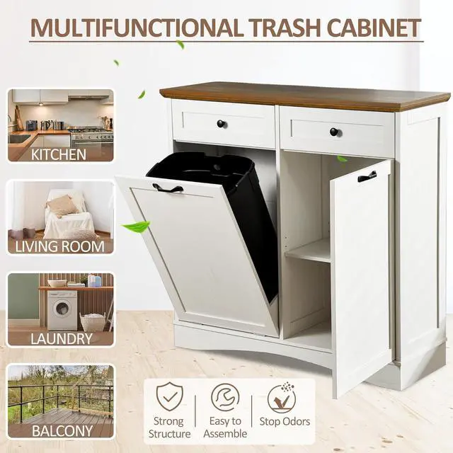 Alt view image 5 of 6 - 13 Gallons Tilt Out Trash Can Cabinet Freestanding Kitchen Trash Can Hidden Garbage Recycling Cabinet with Hideaway Drawers Pet Proof Trash Can Holder for Kitchen Living Room, Antique White