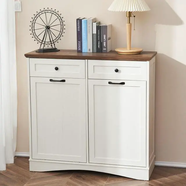 Alt view image 6 of 6 - 13 Gallons Tilt Out Trash Can Cabinet Freestanding Kitchen Trash Can Hidden Garbage Recycling Cabinet with Hideaway Drawers Pet Proof Trash Can Holder for Kitchen Living Room, Antique White