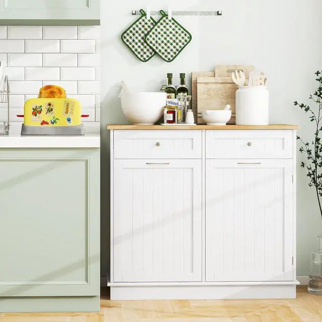 Alt view image 2 of 7 - Kitchen Tilt Out Trash Cabinet With 2 Drawers & Adjustable Shelf, Pet Proof With Rubber Wood Tabletop, Ideal for Living Room, Dining Room (White)