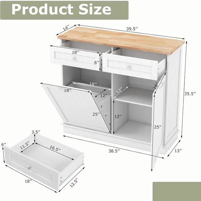 Alt view image 3 of 7 - Kitchen Tilt Out Trash Cabinet With 2 Drawers & Adjustable Shelf, Pet Proof With Rubber Wood Tabletop, Ideal for Living Room, Dining Room (White)