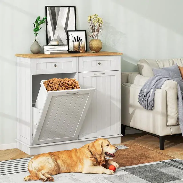 Alt view image 4 of 7 - Kitchen Tilt Out Trash Cabinet With 2 Drawers & Adjustable Shelf, Pet Proof With Rubber Wood Tabletop, Ideal for Living Room, Dining Room (White)