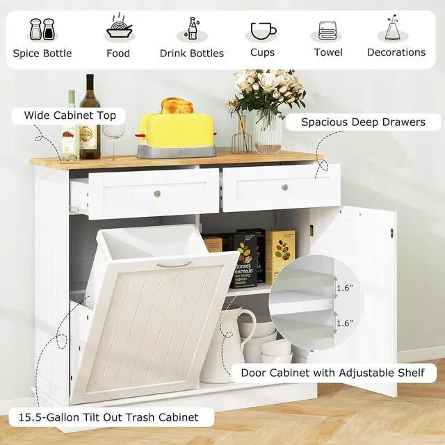 Alt view image 6 of 7 - Kitchen Tilt Out Trash Cabinet With 2 Drawers & Adjustable Shelf, Pet Proof With Rubber Wood Tabletop, Ideal for Living Room, Dining Room (White)