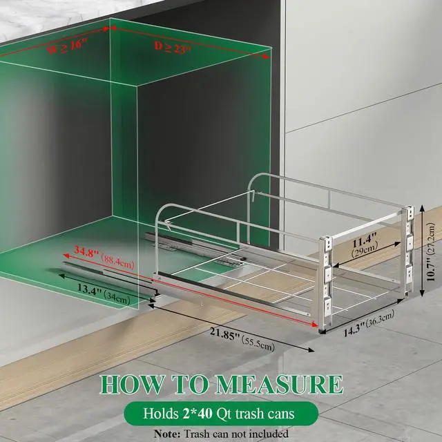 Alt view image 2 of 7 - Dual Cabinet Trash Can Pull Out Kit With Soft-Close Slides, Heavy Duty Under Sink for Kitchen, Laundry, Garbage - Requires 17" W X 24" D Opening