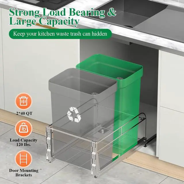 Alt view image 5 of 7 - Dual Cabinet Trash Can Pull Out Kit With Soft-Close Slides, Heavy Duty Under Sink for Kitchen, Laundry, Garbage - Requires 17" W X 24" D Opening