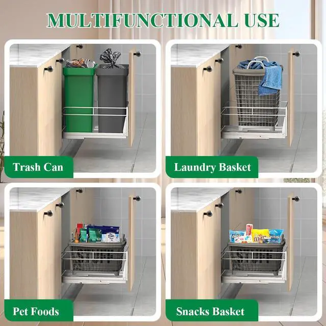Alt view image 7 of 7 - Dual Cabinet Trash Can Pull Out Kit With Soft-Close Slides, Heavy Duty Under Sink for Kitchen, Laundry, Garbage - Requires 17" W X 24" D Opening