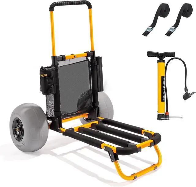 Main image of Beach Fishing Cart, Beach Wagon Trolley with 12" Big Balloon Wheels for Sand Foldable Beach Trailer with 23" x 15" Cargo Deck, Fishing Rods Holder, Water Bottle Holder, Mesh Bag, Hand Pump
