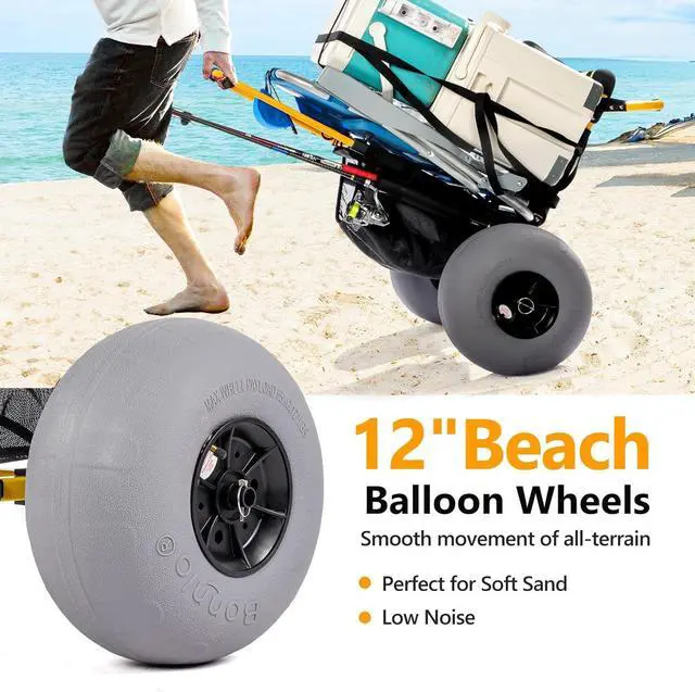 Alt view image 3 of 7 - Beach Fishing Cart, Beach Wagon Trolley with 12" Big Balloon Wheels for Sand Foldable Beach Trailer with 23" x 15" Cargo Deck, Fishing Rods Holder, Water Bottle Holder, Mesh Bag, Hand Pump
