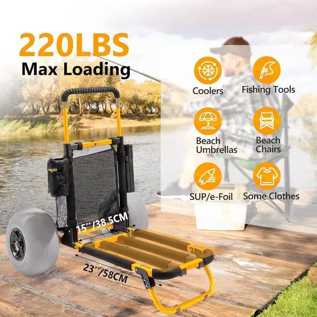Alt view image 2 of 7 - Beach Fishing Cart, Beach Wagon Trolley with 12" Big Balloon Wheels for Sand Foldable Beach Trailer with 23" x 15" Cargo Deck, Fishing Rods Holder, Water Bottle Holder, Mesh Bag, Hand Pump