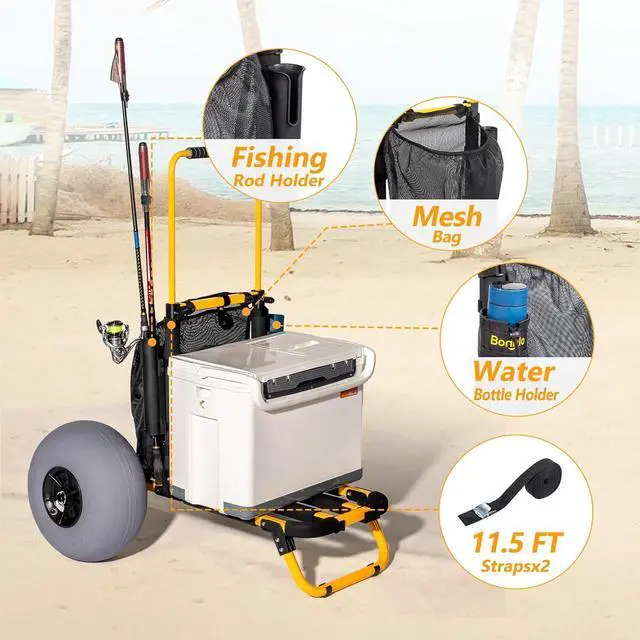 Alt view image 4 of 7 - Beach Fishing Cart, Beach Wagon Trolley with 12" Big Balloon Wheels for Sand Foldable Beach Trailer with 23" x 15" Cargo Deck, Fishing Rods Holder, Water Bottle Holder, Mesh Bag, Hand Pump
