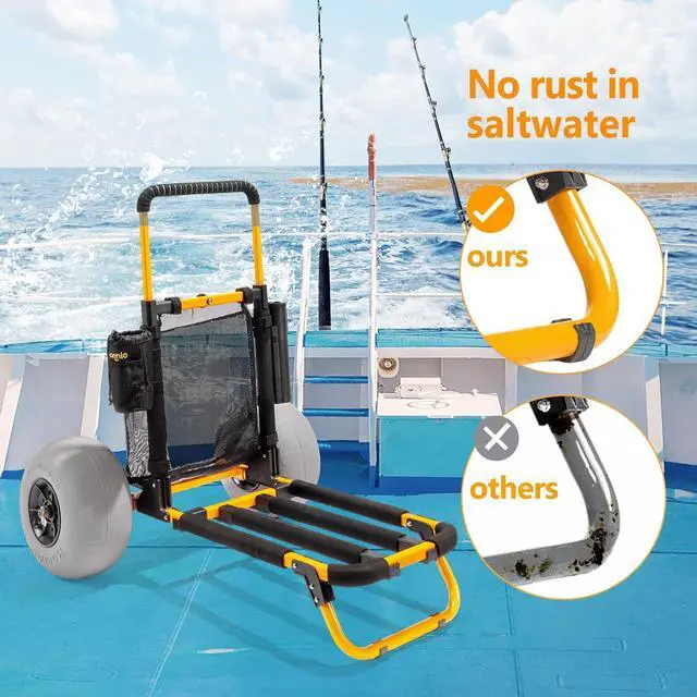 Alt view image 6 of 7 - Beach Fishing Cart, Beach Wagon Trolley with 12" Big Balloon Wheels for Sand Foldable Beach Trailer with 23" x 15" Cargo Deck, Fishing Rods Holder, Water Bottle Holder, Mesh Bag, Hand Pump