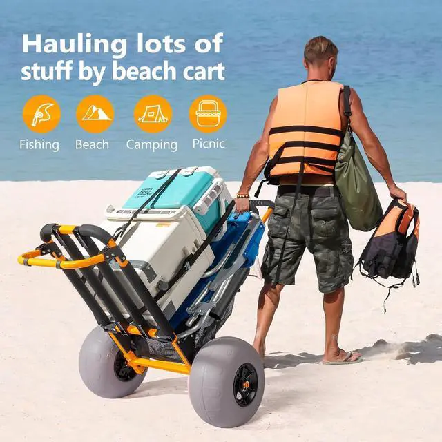 Alt view image 7 of 7 - Beach Fishing Cart, Beach Wagon Trolley with 12" Big Balloon Wheels for Sand Foldable Beach Trailer with 23" x 15" Cargo Deck, Fishing Rods Holder, Water Bottle Holder, Mesh Bag, Hand Pump