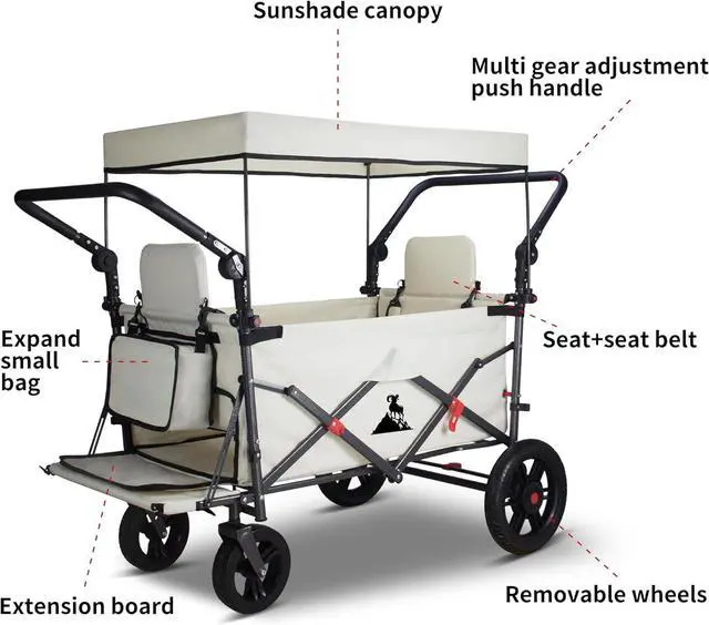 Alt view image 2 of 7 - Foldable Wagon with Canopy - Collapsible Utility Cart with 2 Seats & Belts, Adjustable Handle, Expandable Front for Camping, Picnic, Shopping (Beige)