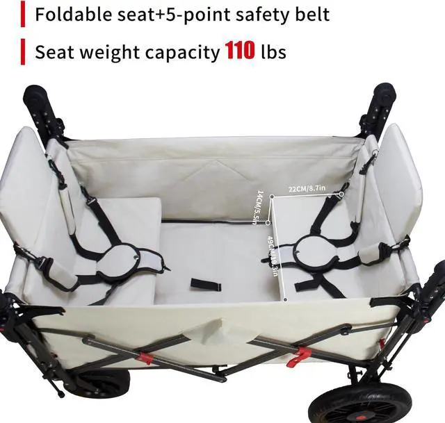 Alt view image 3 of 7 - Foldable Wagon with Canopy - Collapsible Utility Cart with 2 Seats & Belts, Adjustable Handle, Expandable Front for Camping, Picnic, Shopping (Beige)