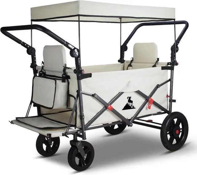 Main image of Foldable Wagon with Canopy - Collapsible Utility Cart with 2 Seats & Belts, Adjustable Handle, Expandable Front for Camping, Picnic, Shopping (Beige)