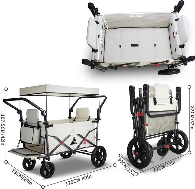 Alt view image 6 of 7 - Foldable Wagon with Canopy - Collapsible Utility Cart with 2 Seats & Belts, Adjustable Handle, Expandable Front for Camping, Picnic, Shopping (Beige)
