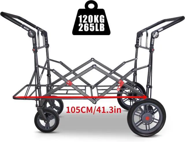 Alt view image 7 of 7 - Foldable Wagon with Canopy - Collapsible Utility Cart with 2 Seats & Belts, Adjustable Handle, Expandable Front for Camping, Picnic, Shopping (Beige)
