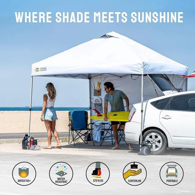Alt view image 2 of 7 - Canopy Tent 10x10 Pop Up Canopy Outdoor Shade with Pockets Sidewall, Easy Up Sun Shelter with One Person Set Up Center Lock, Portable Instant Camping Beach Canopy Tents, White