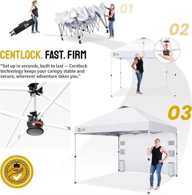 Alt view image 3 of 7 - Canopy Tent 10x10 Pop Up Canopy Outdoor Shade with Pockets Sidewall, Easy Up Sun Shelter with One Person Set Up Center Lock, Portable Instant Camping Beach Canopy Tents, White