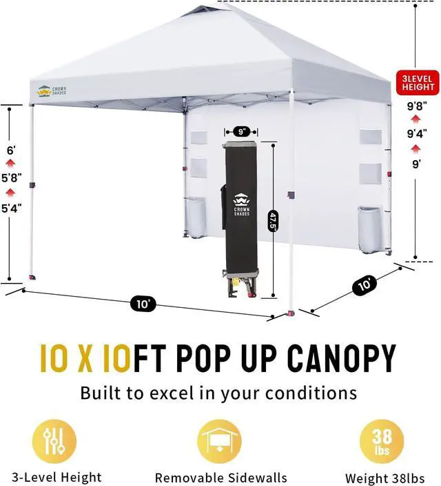 Alt view image 5 of 7 - Canopy Tent 10x10 Pop Up Canopy Outdoor Shade with Pockets Sidewall, Easy Up Sun Shelter with One Person Set Up Center Lock, Portable Instant Camping Beach Canopy Tents, White